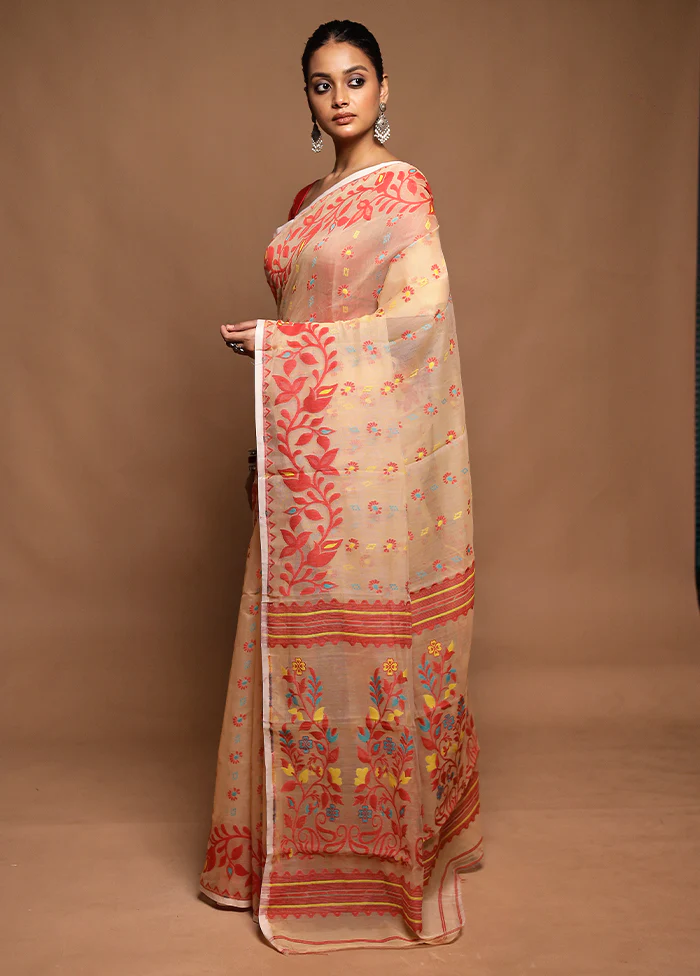 Cream Tant Jamdani Saree Without Blouse Piece - Image 4