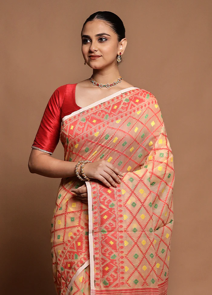 Cream Tant Jamdani Saree Without Blouse Piece - Image 2