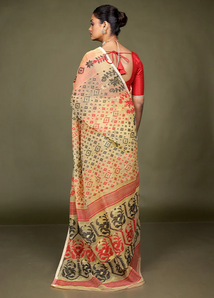 Cream Tant Jamdani Saree Without Blouse Piece - Image 3