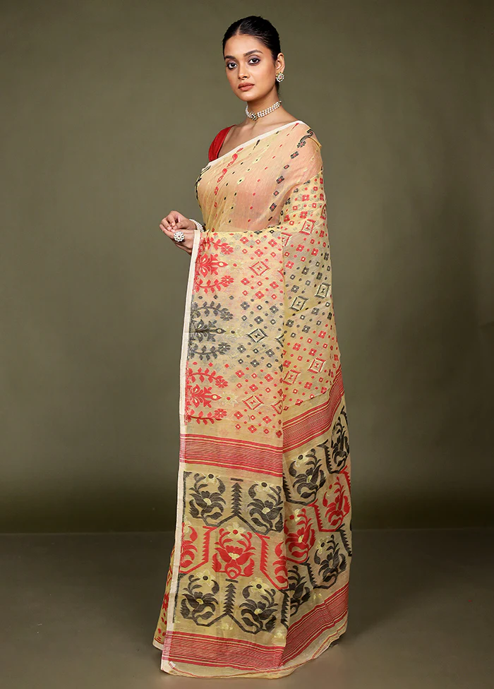 Cream Tant Jamdani Saree Without Blouse Piece - Image 4