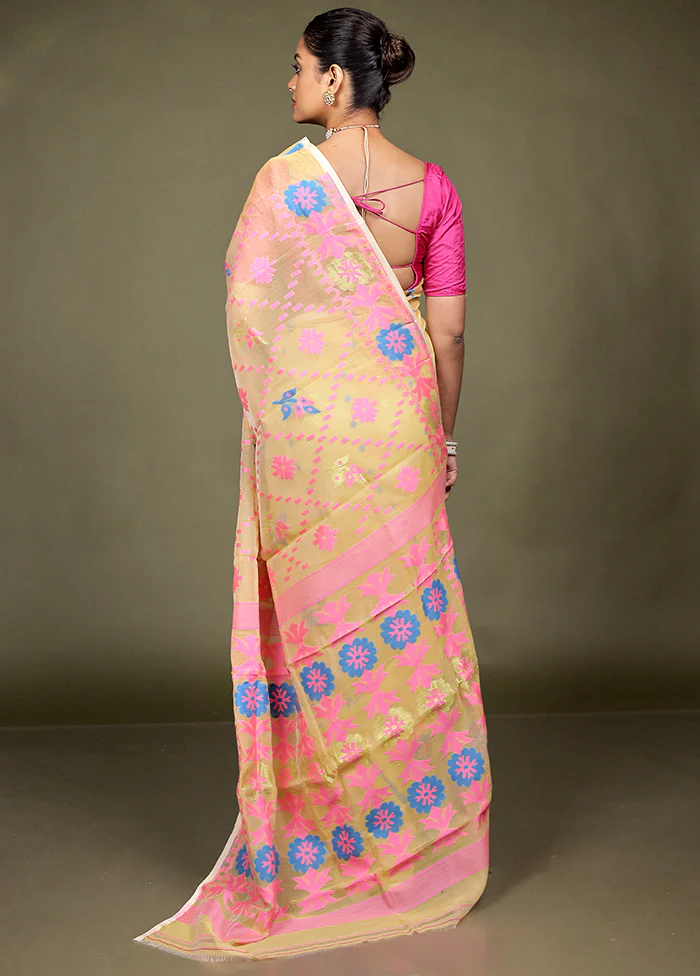 Cream Tant Jamdani Saree Without Blouse Piece - Image 3