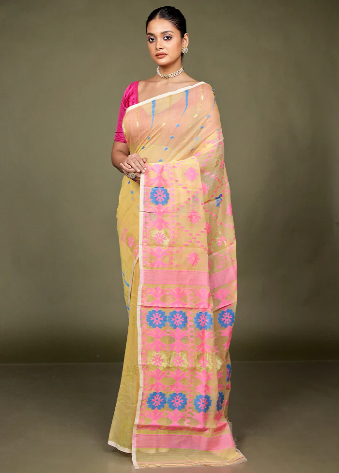 Cream Tant Jamdani Saree Without Blouse Piece - Image 4