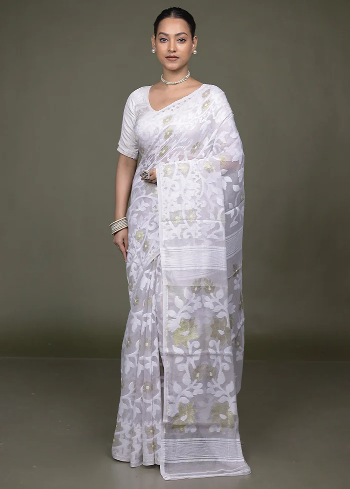 Cream Tant Jamdani Saree Without Blouse Piece - Image 2
