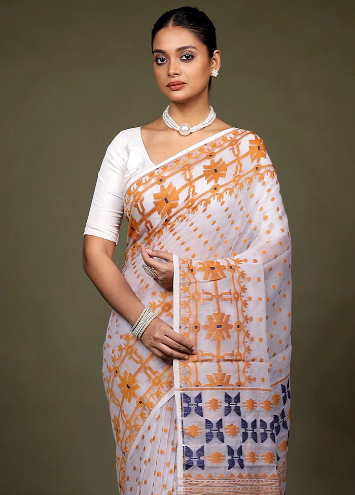 Cream Tant Jamdani Saree Without Blouse Piece - Image 2