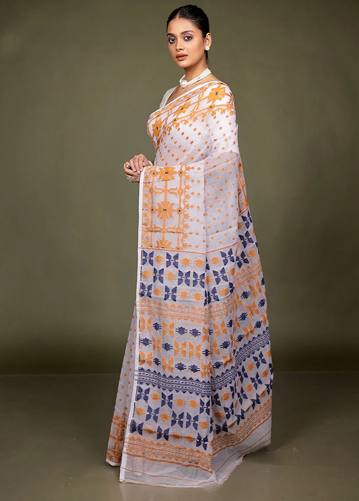 Cream Tant Jamdani Saree Without Blouse Piece - Image 4