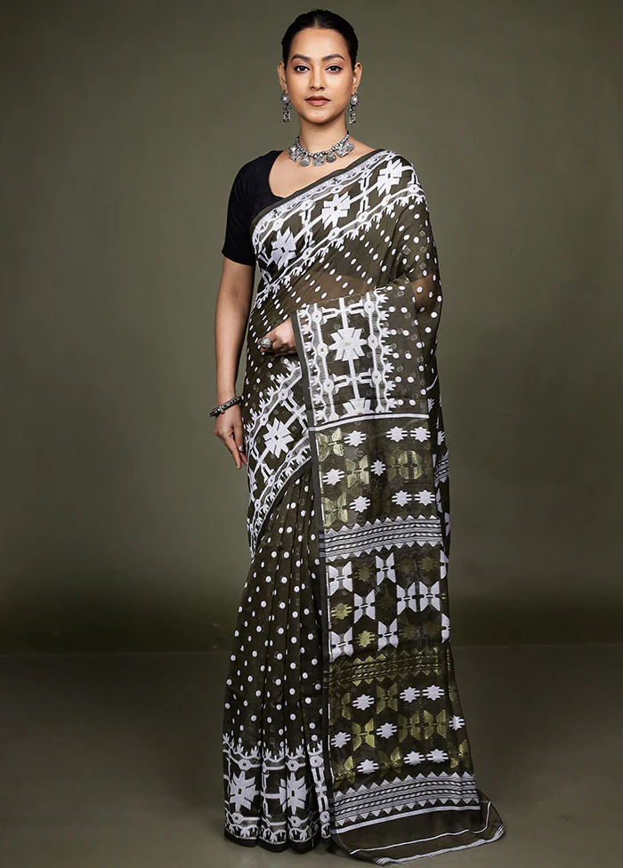 Cream Tant Jamdani Saree Without Blouse Piece - Image 2