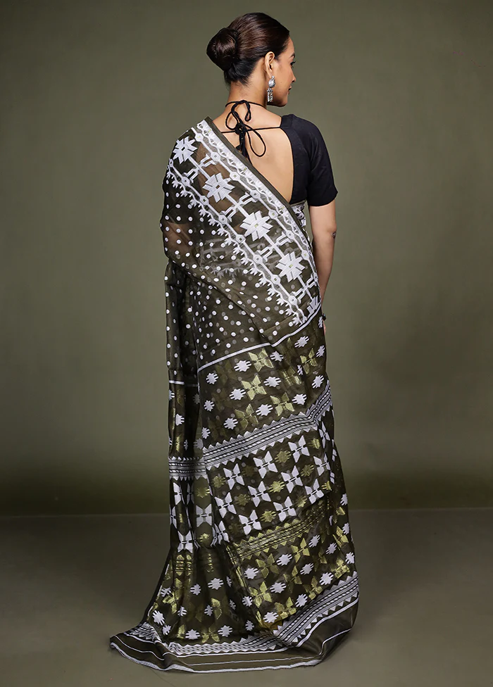 Cream Tant Jamdani Saree Without Blouse Piece - Image 3