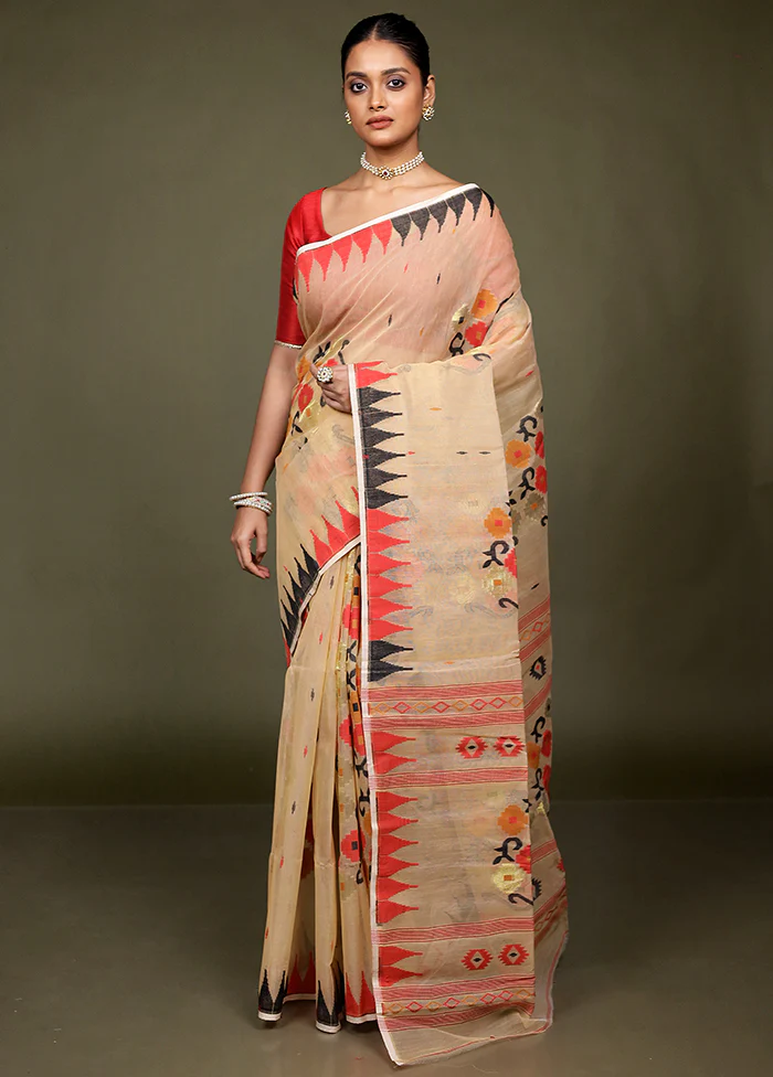 Cream Jamdani Cotton Saree Without Blouse Piece