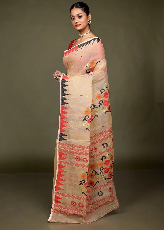 Cream Jamdani Cotton Saree Without Blouse Piece - Image 4