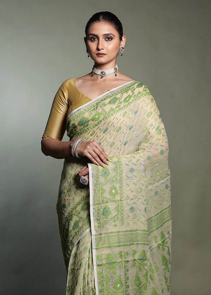 Cream Tant Jamdani Saree Without Blouse Piece