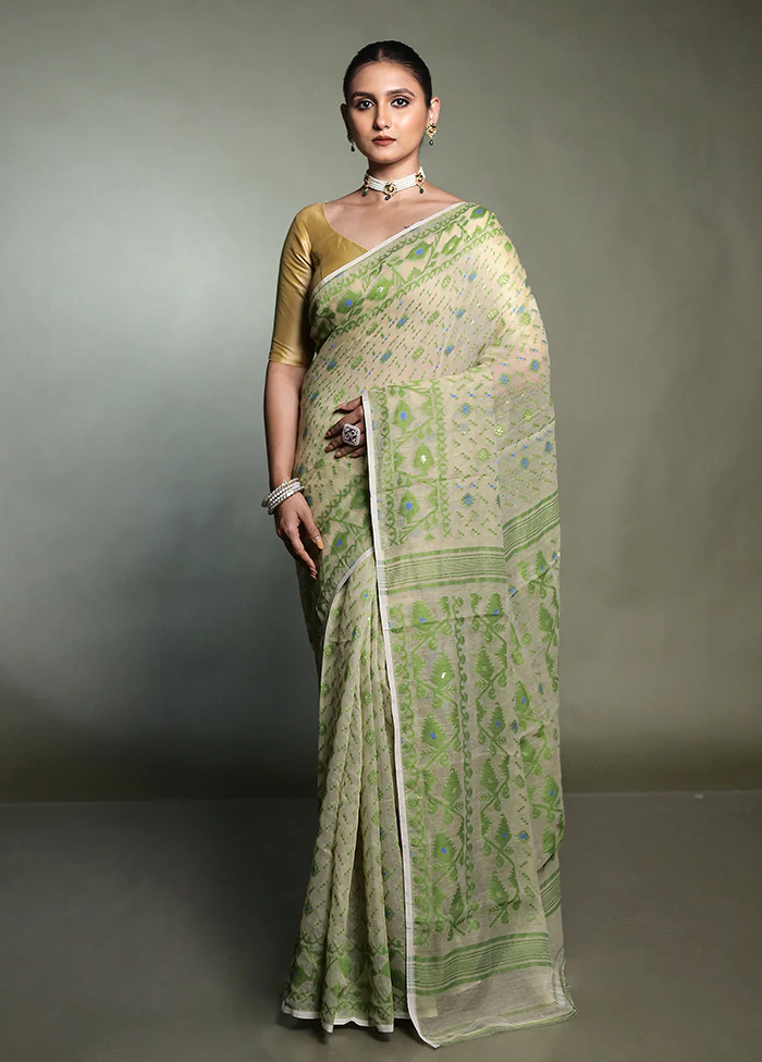 Cream Tant Jamdani Saree Without Blouse Piece - Image 2