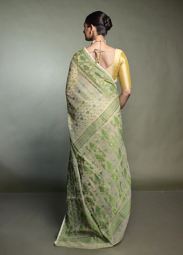 Cream Tant Jamdani Saree Without Blouse Piece - Image 3