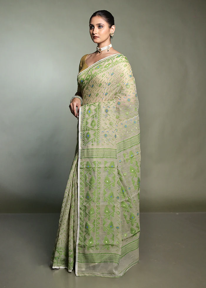 Cream Tant Jamdani Saree Without Blouse Piece - Image 4