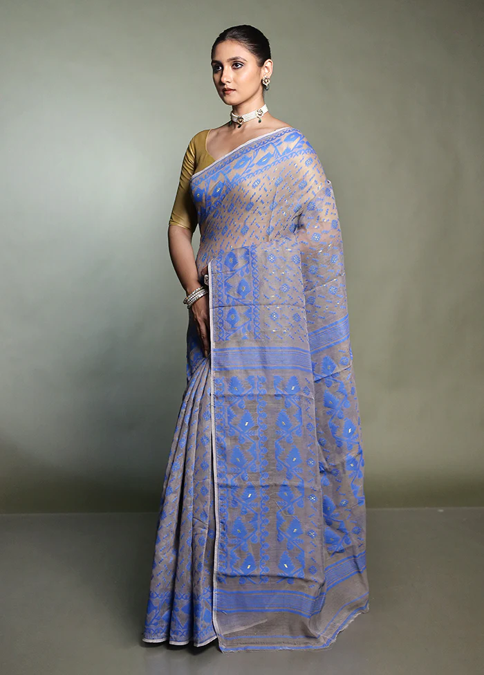 Cream Tant Jamdani Saree Without Blouse Piece - Image 4