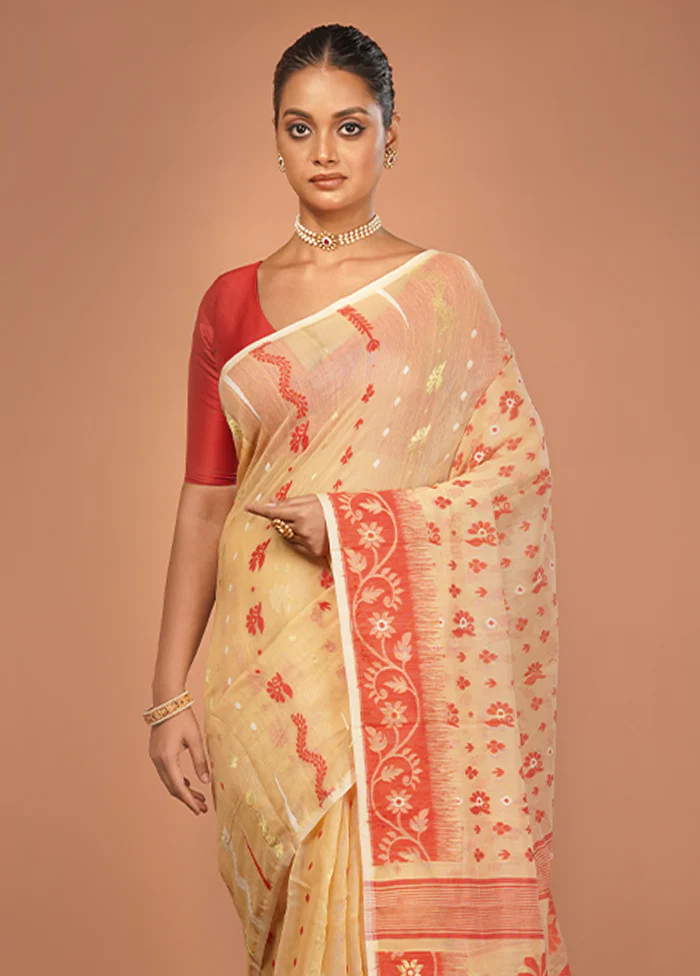 Cream Jamdani Cotton Saree Without Blouse Piece