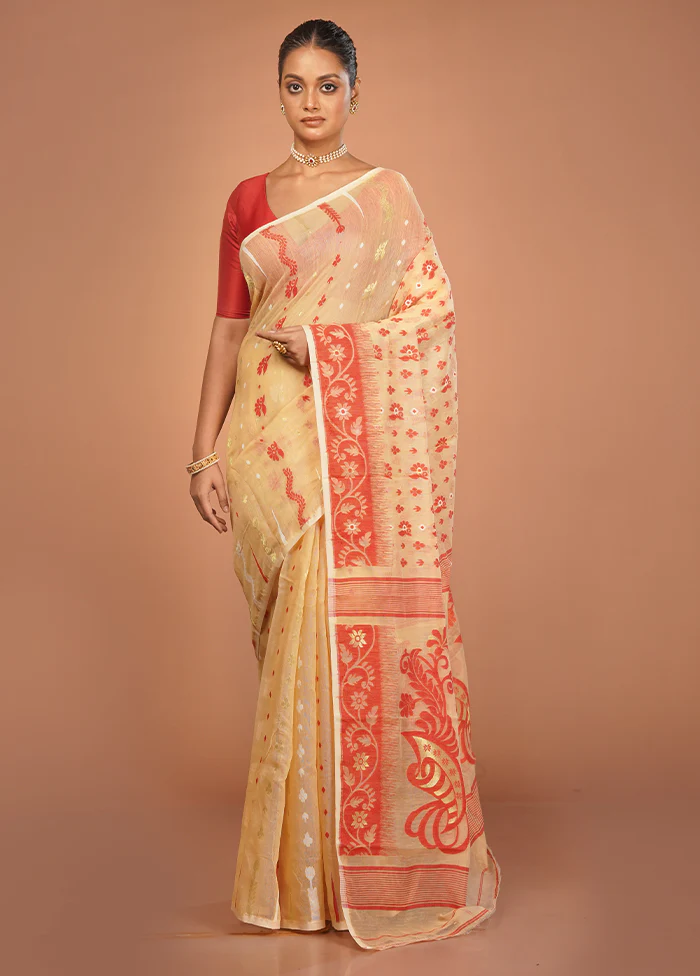 Cream Jamdani Cotton Saree Without Blouse Piece - Image 2