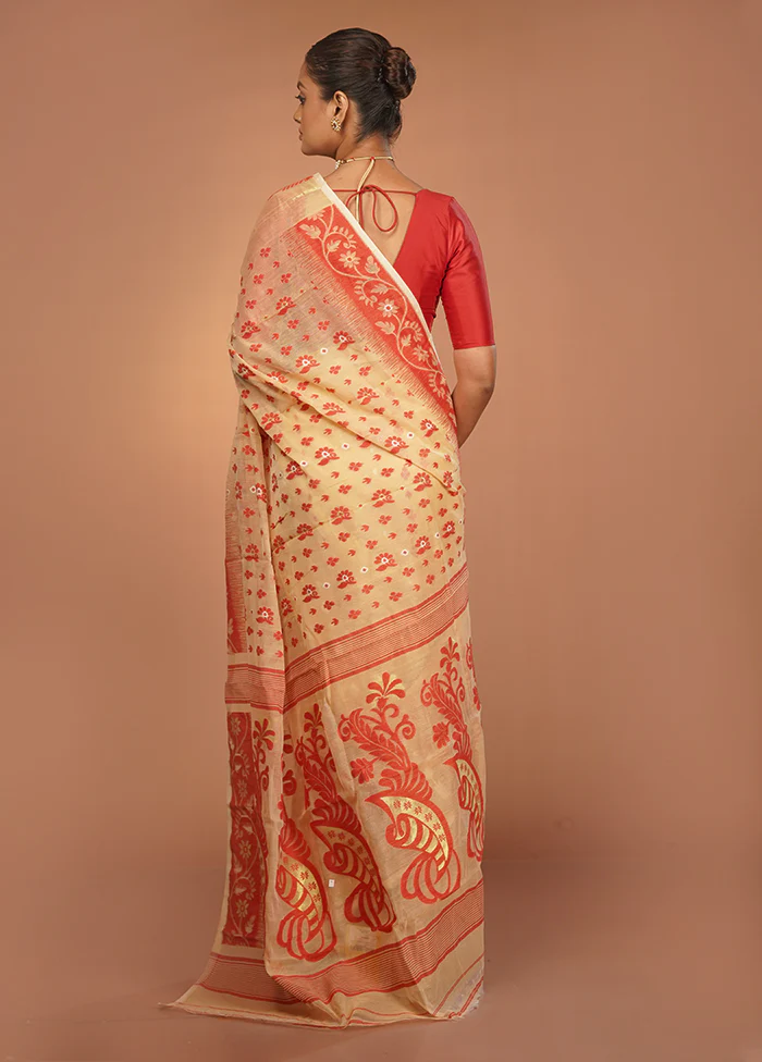Cream Jamdani Cotton Saree Without Blouse Piece - Image 3