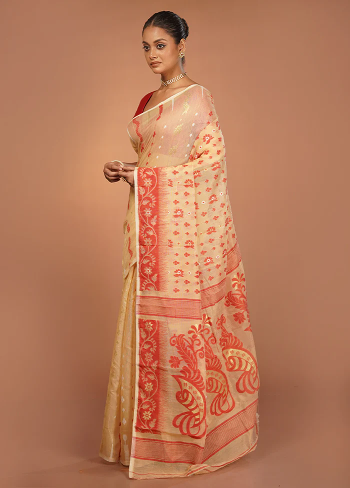 Cream Jamdani Cotton Saree Without Blouse Piece - Image 4