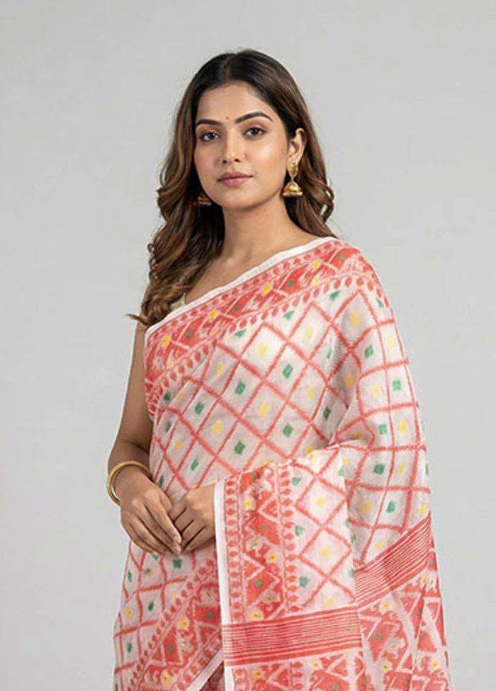Cream Jamdani Cotton Saree Without Blouse Piece - Image 2