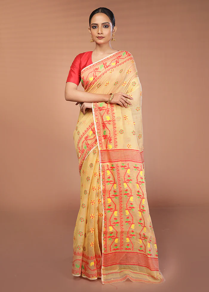 Cream Tant Jamdani Saree Without Blouse Piece - Image 2