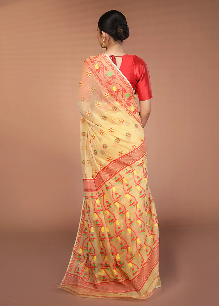 Cream Tant Jamdani Saree Without Blouse Piece - Image 3