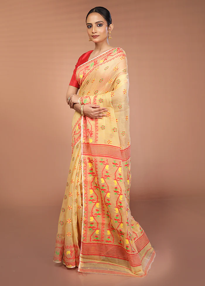 Cream Tant Jamdani Saree Without Blouse Piece - Image 4