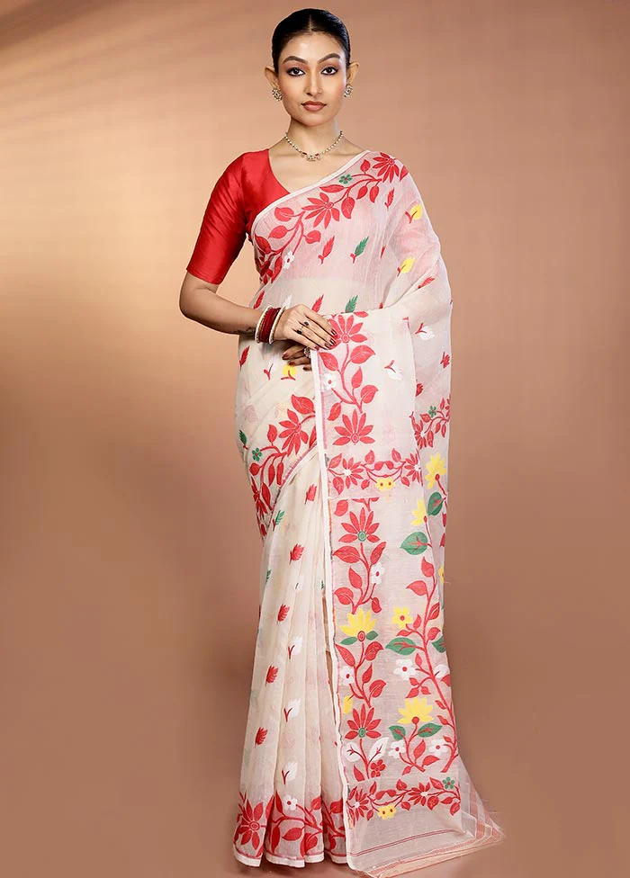 Cream Tant Jamdani Saree Without Blouse Piece - Image 2