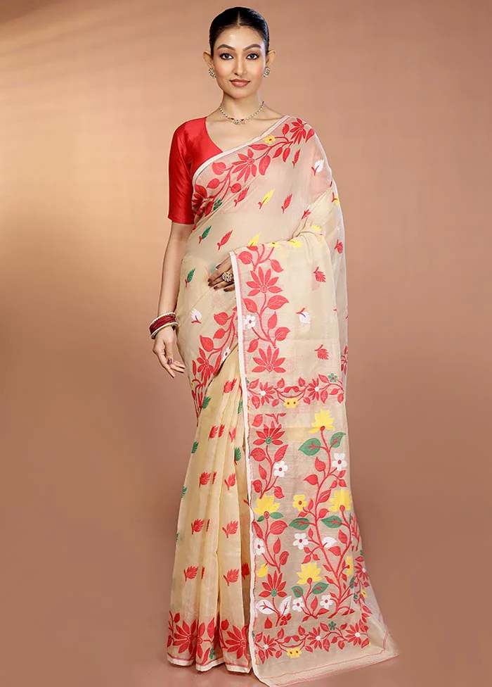 Cream Tant Jamdani Saree Without Blouse Piece - Image 2
