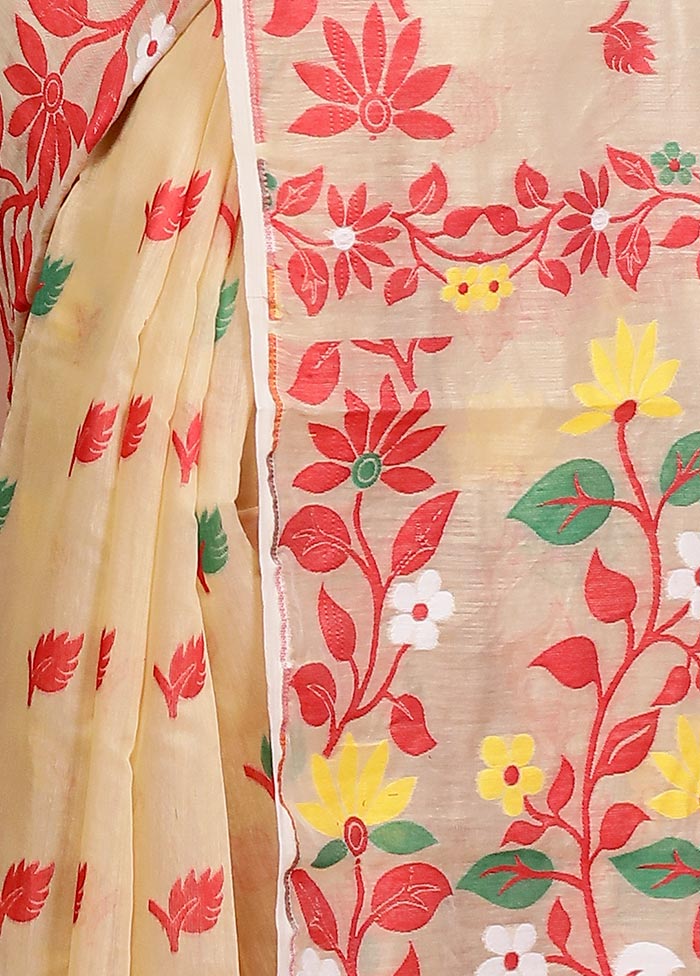 Cream Tant Jamdani Saree Without Blouse Piece - Image 5