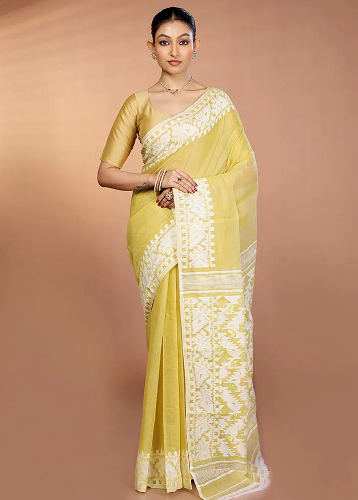 Cream Tant Jamdani Saree Without Blouse Piece - Image 2