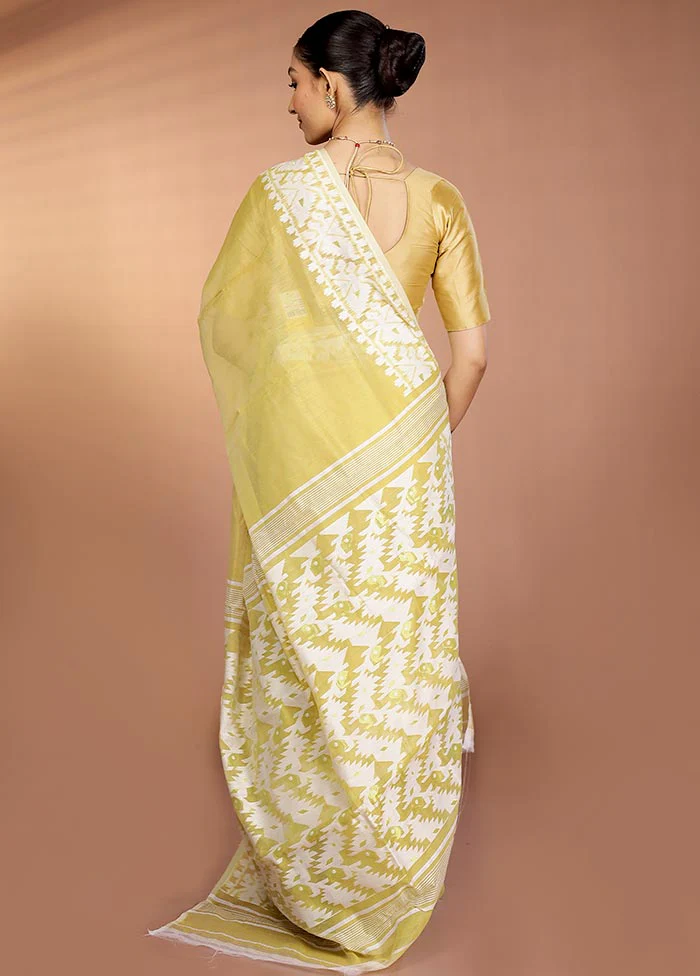 Cream Tant Jamdani Saree Without Blouse Piece - Image 3