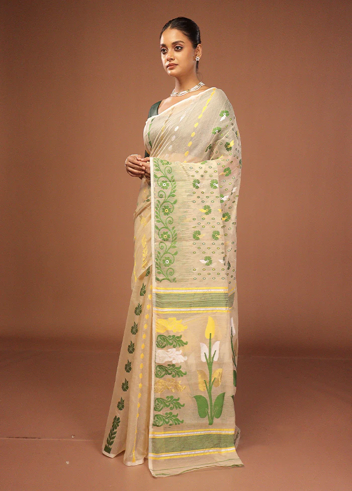 Cream Jamdani Cotton Saree Without Blouse Piece - Image 4