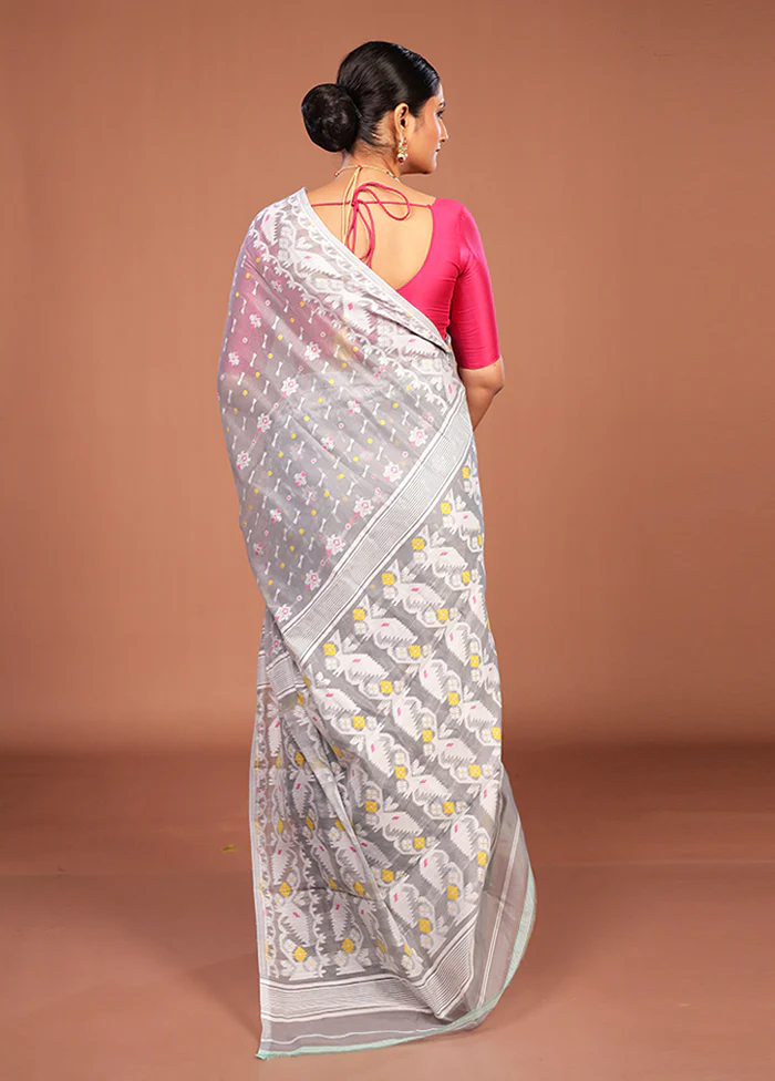 Cream Jamdani Cotton Saree Without Blouse Piece - Image 3