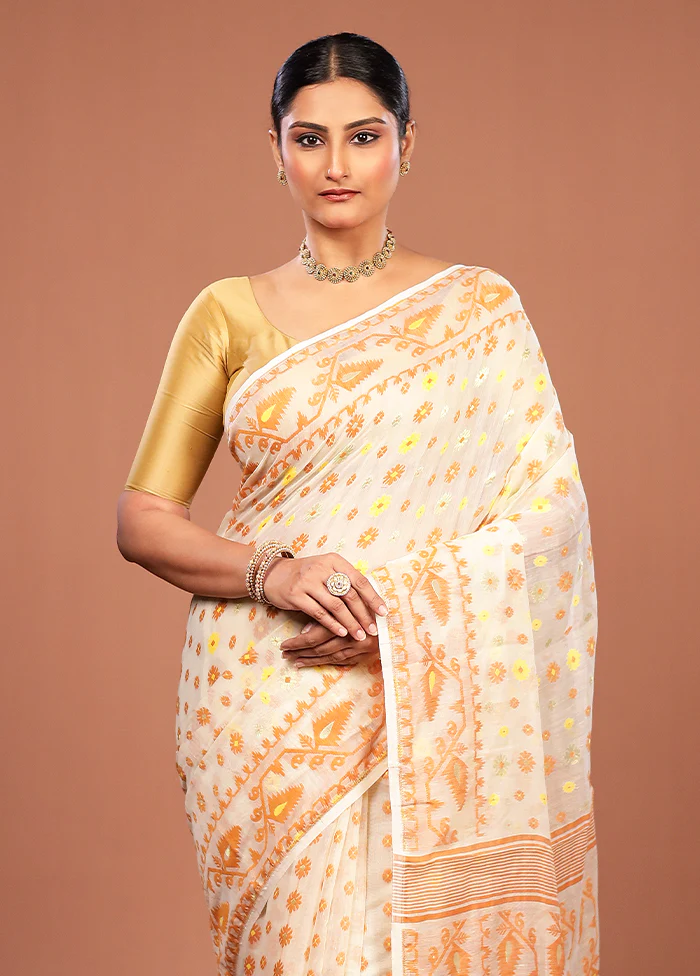Cream Jamdani Cotton Saree Without Blouse Piece