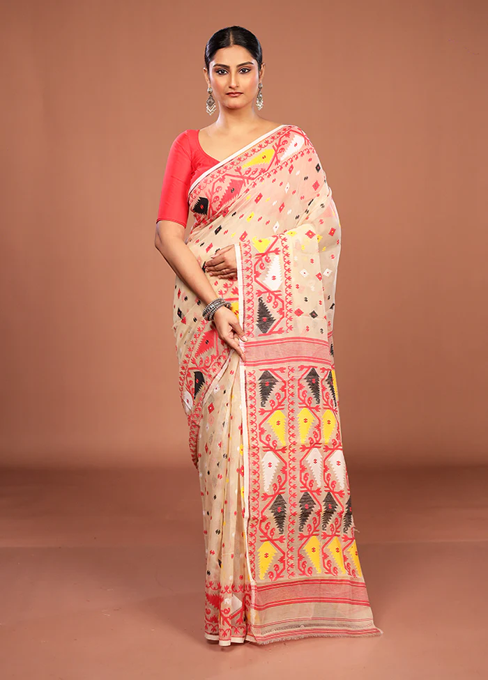 Cream Jamdani Cotton Saree Without Blouse Piece - Image 2