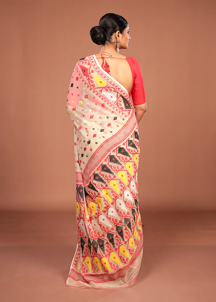 Cream Jamdani Cotton Saree Without Blouse Piece - Image 3