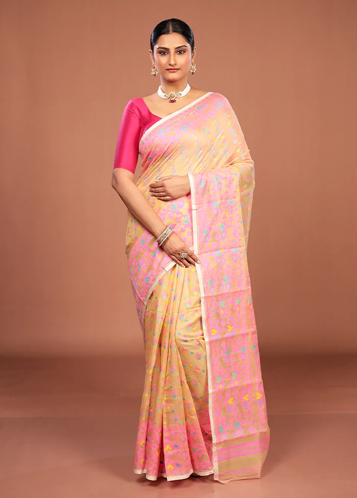 Cream Jamdani Cotton Saree Without Blouse Piece - Image 2