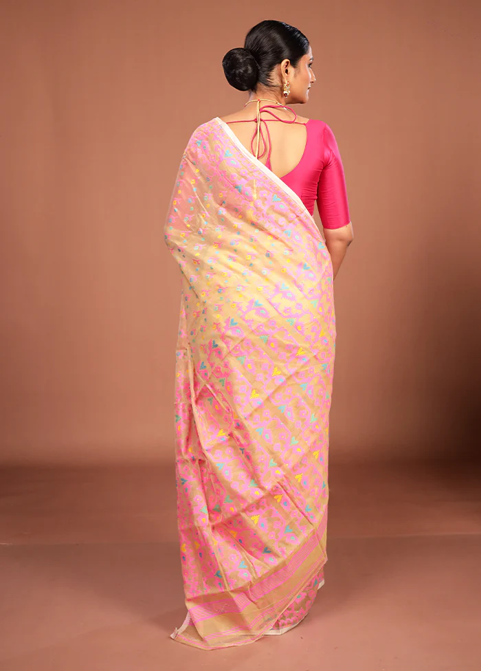 Cream Jamdani Cotton Saree Without Blouse Piece - Image 3