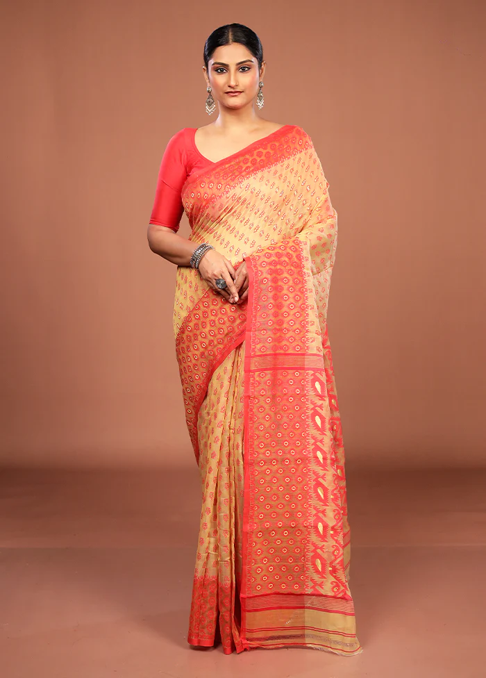 Cream Jamdani Cotton Saree Without Blouse Piece - Image 2