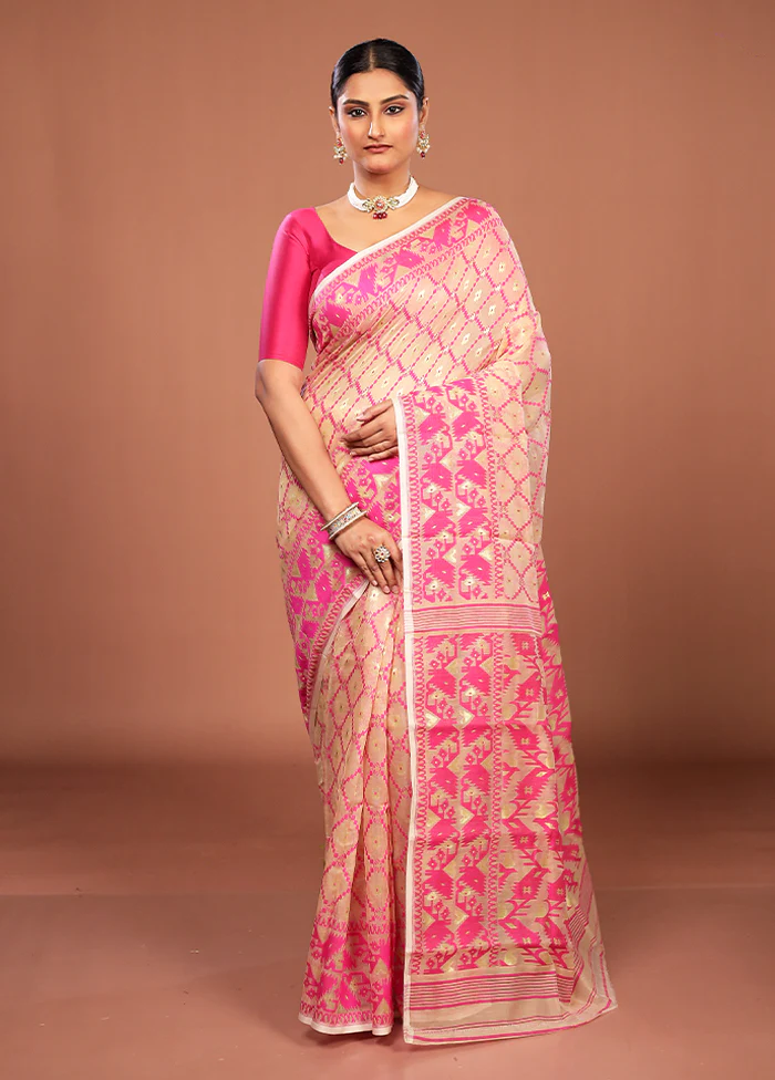 Cream Jamdani Cotton Saree Without Blouse Piece - Image 2