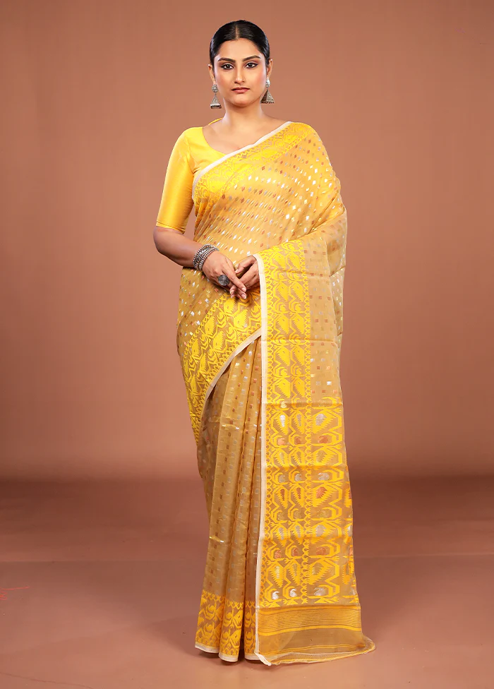 Yellow Jamdani Cotton Saree Without Blouse Piece - Image 2