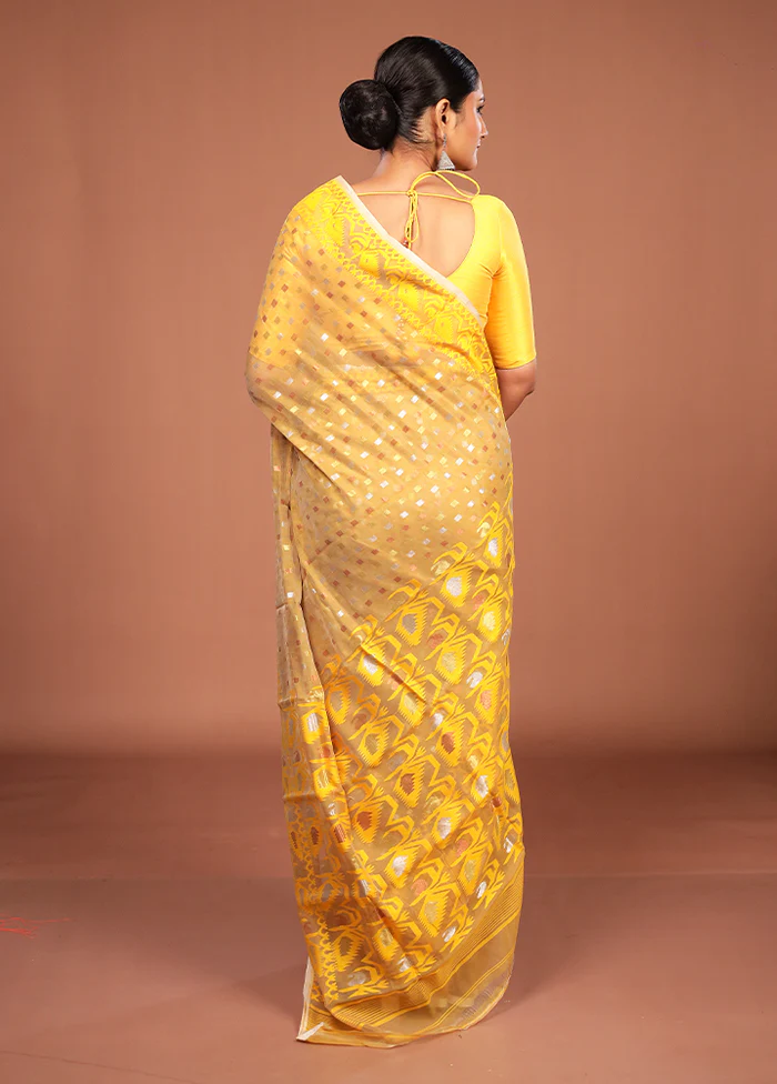 Yellow Jamdani Cotton Saree Without Blouse Piece - Image 3