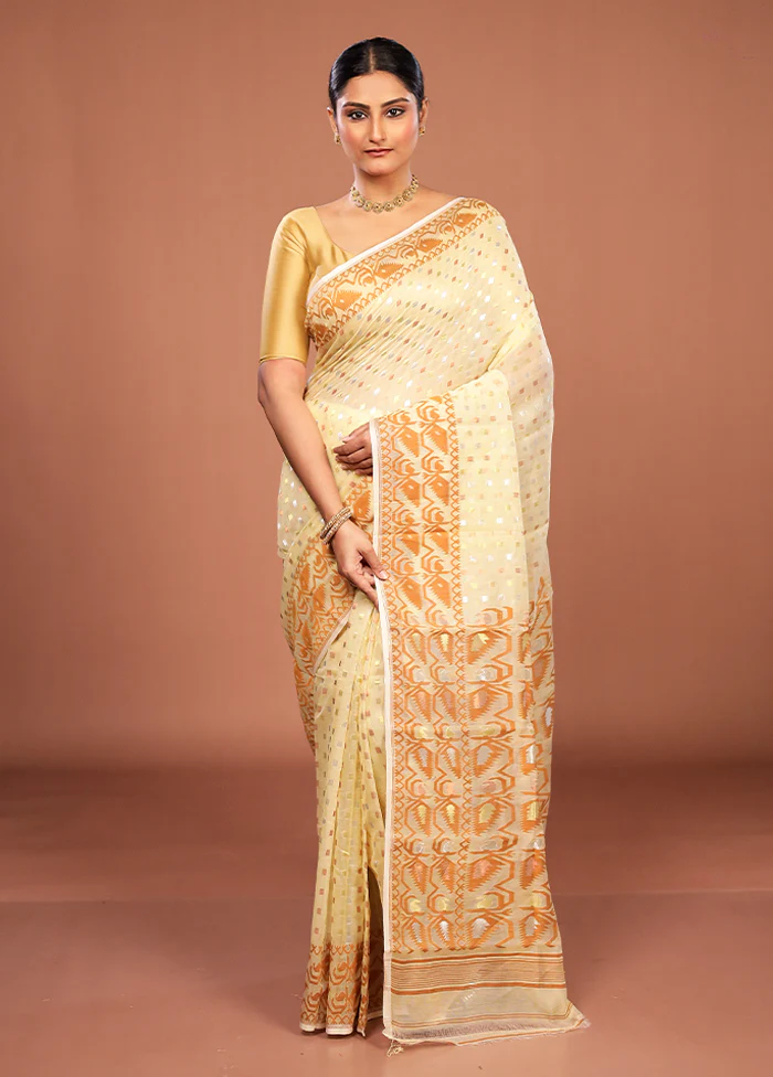 Cream Jamdani Cotton Saree Without Blouse Piece - Image 2