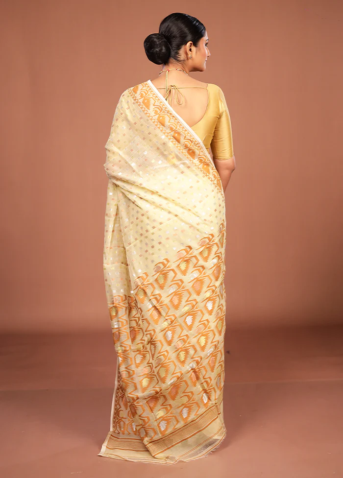 Cream Jamdani Cotton Saree Without Blouse Piece - Image 3