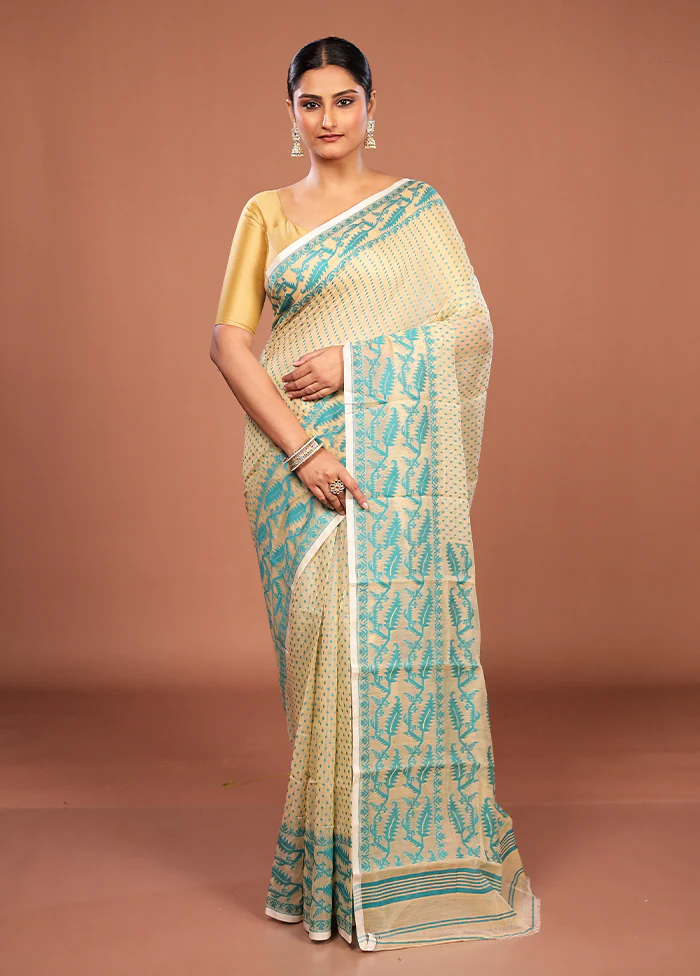 Yellow Jamdani Cotton Saree Without Blouse Piece - Image 2