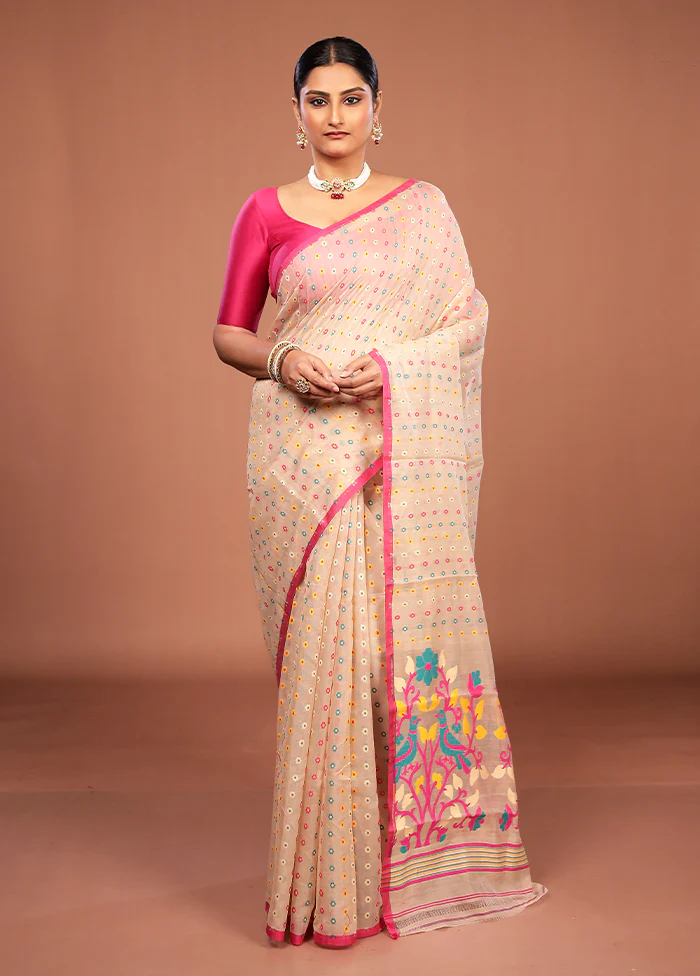 Cream Jamdani Cotton Saree Without Blouse Piece - Image 2
