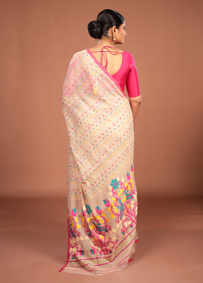 Cream Jamdani Cotton Saree Without Blouse Piece - Image 3