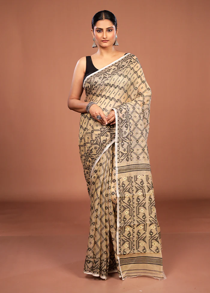 Cream Jamdani Cotton Saree Without Blouse Piece - Image 2