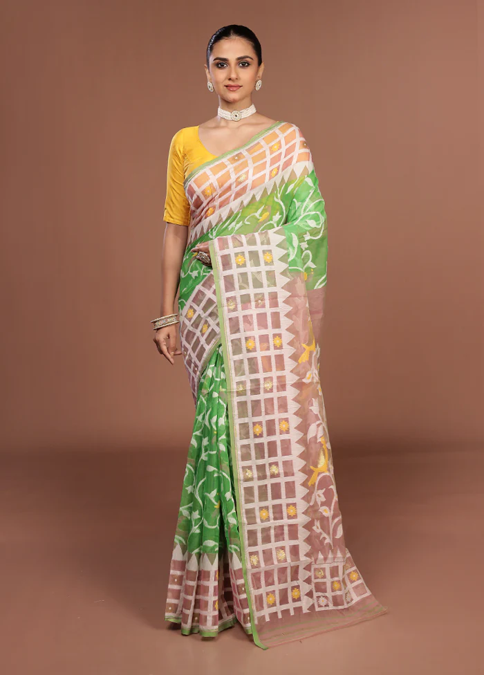 Green Jamdani Cotton Saree Without Blouse Piece - Image 2