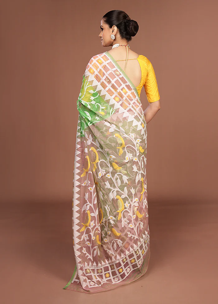 Green Jamdani Cotton Saree Without Blouse Piece - Image 3